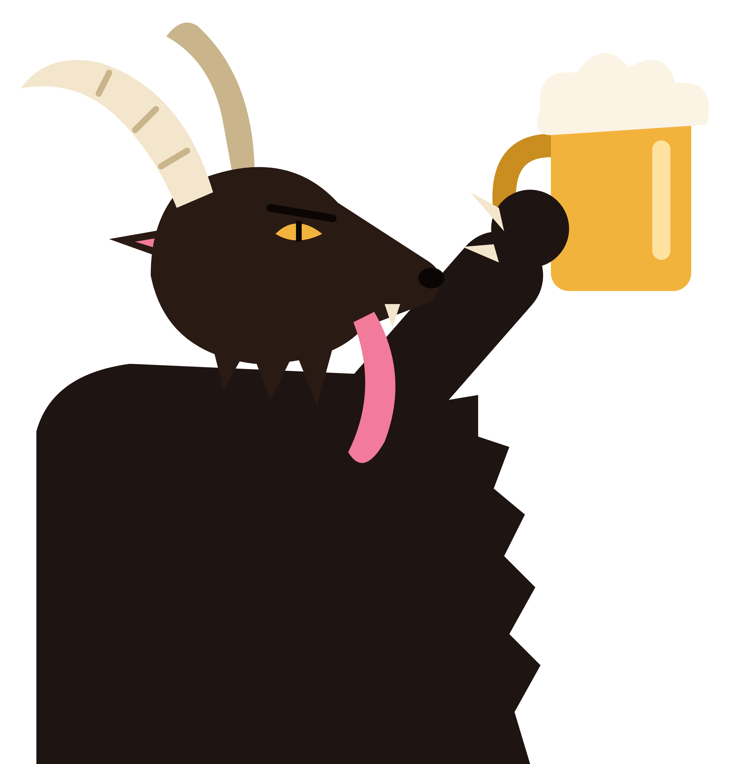 Krampus raising a mug of beer, tongue out